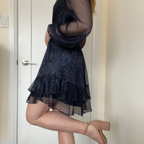 Iridescent Ruffled Mini Formal Dress with Sheer Sleeves - Picture 2 of 5